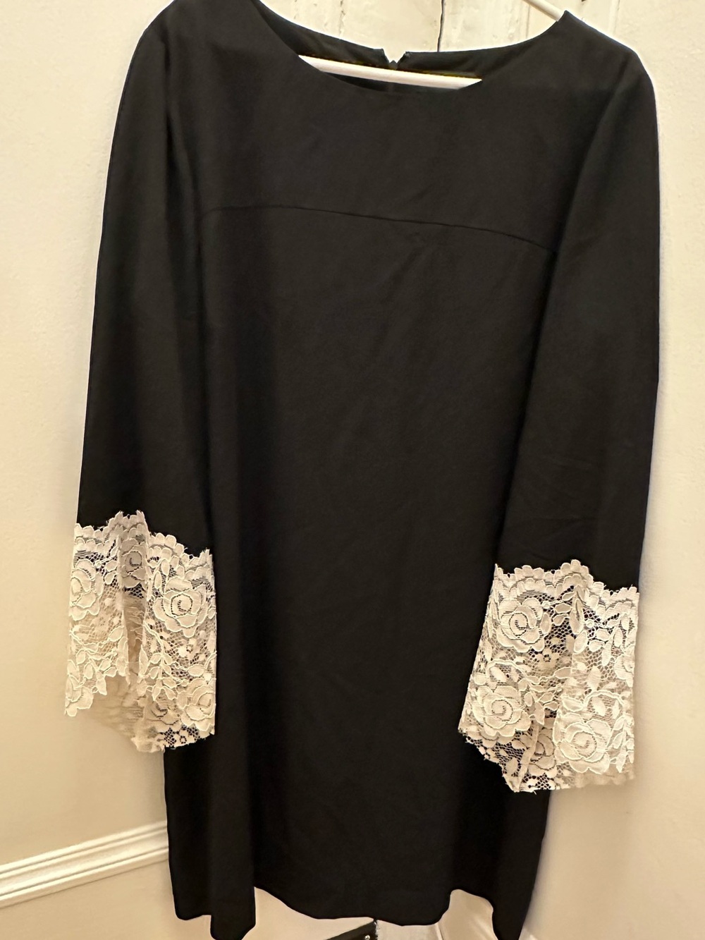 Tahari Black Long-Sleeve Shift Dress with Ivory Lace Cuffs